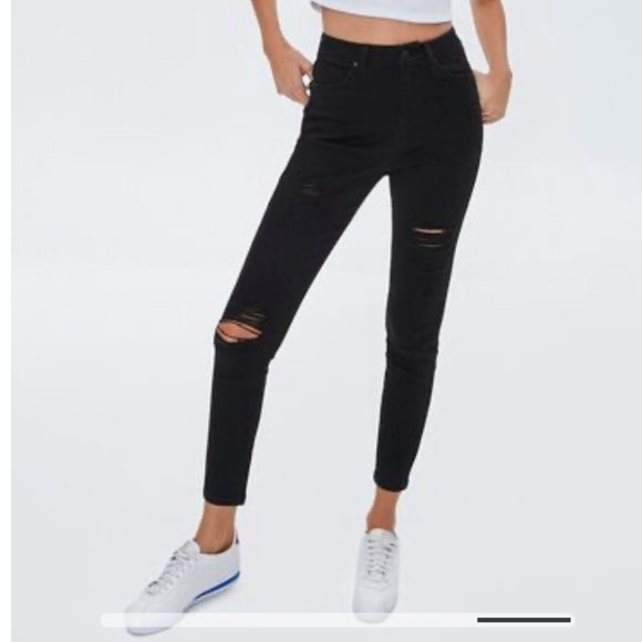 Forever 21 Denim - Forever 21 Distressed High-waisted Stretch 5-pocket Curvy Fit Black Skinny Jeans